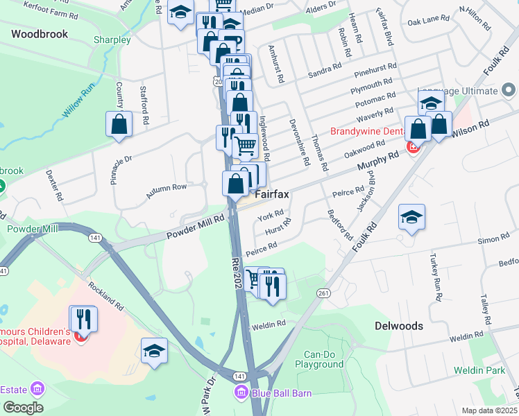 map of restaurants, bars, coffee shops, grocery stores, and more near 12 Murphy Road in Wilmington