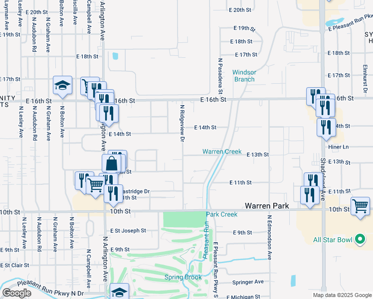 map of restaurants, bars, coffee shops, grocery stores, and more near 1307 North Ridgeview Drive in Indianapolis