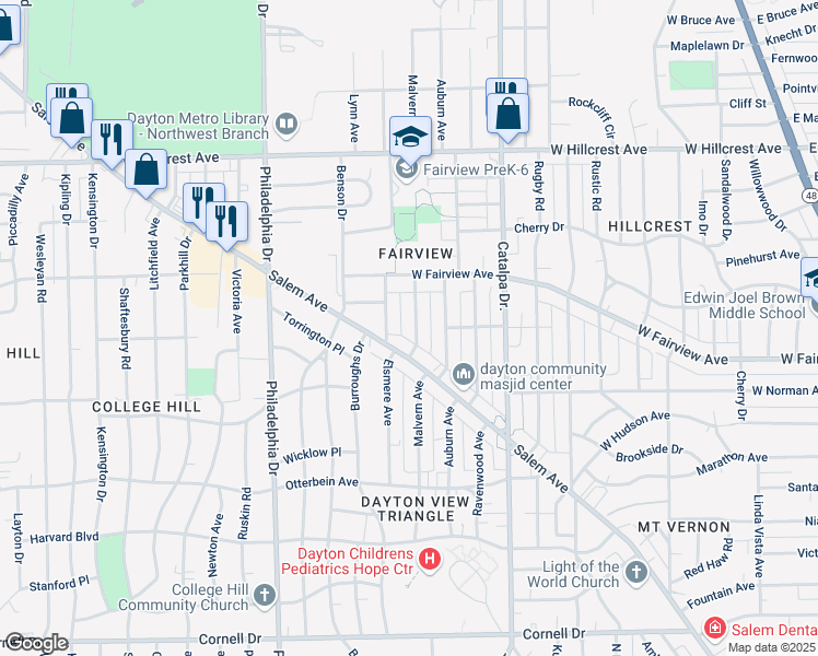 map of restaurants, bars, coffee shops, grocery stores, and more near 2129 Malvern Avenue in Dayton