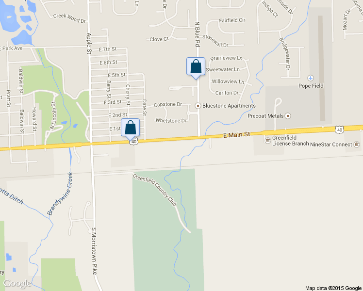 map of restaurants, bars, coffee shops, grocery stores, and more near 1421 East Main Street in Greenfield