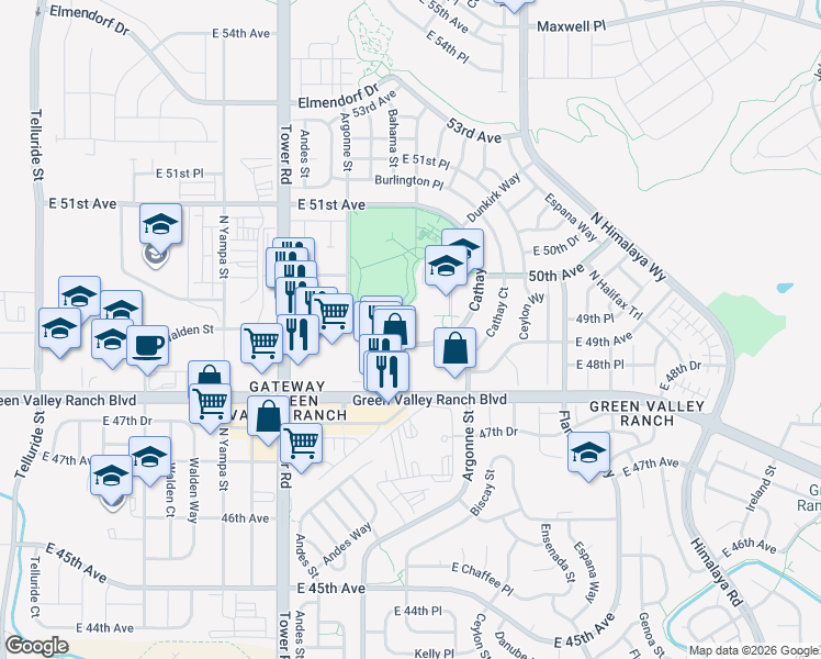 map of restaurants, bars, coffee shops, grocery stores, and more near 4890 Argonne Way in Denver