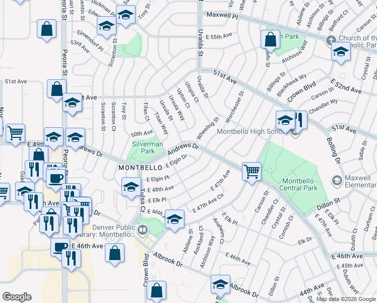 map of restaurants, bars, coffee shops, grocery stores, and more near 13200 Andrews Drive in Denver