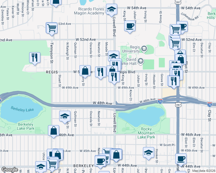 map of restaurants, bars, coffee shops, grocery stores, and more near 4921 Meade Street in Denver