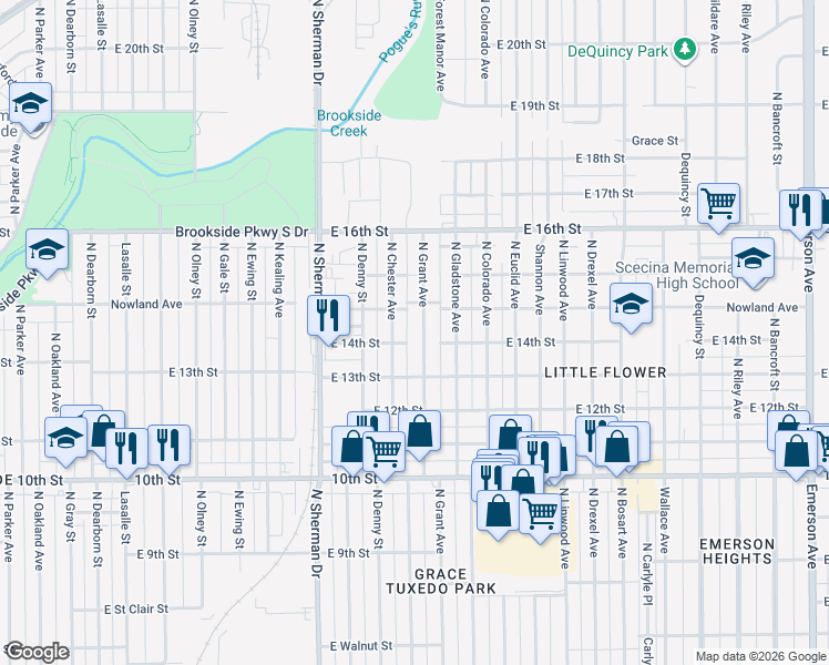 map of restaurants, bars, coffee shops, grocery stores, and more near 1420 North Grant Avenue in Indianapolis