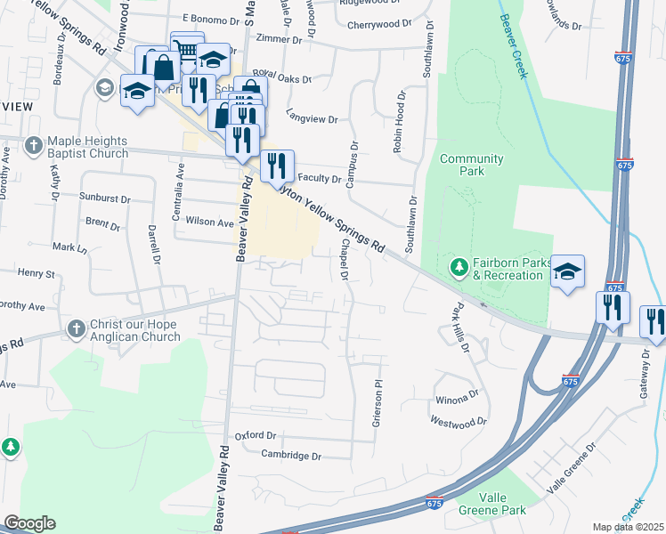 map of restaurants, bars, coffee shops, grocery stores, and more near 363 Chadwick Place in Fairborn