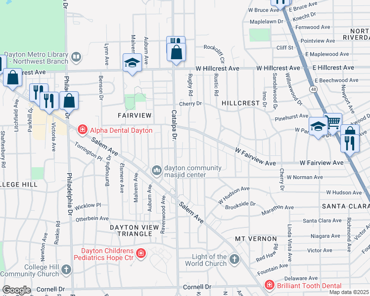 map of restaurants, bars, coffee shops, grocery stores, and more near 2101 Rugby Road in Dayton