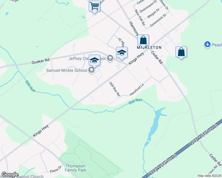 map of restaurants, bars, coffee shops, grocery stores, and more near 7 Still Run Road in East Greenwich Township