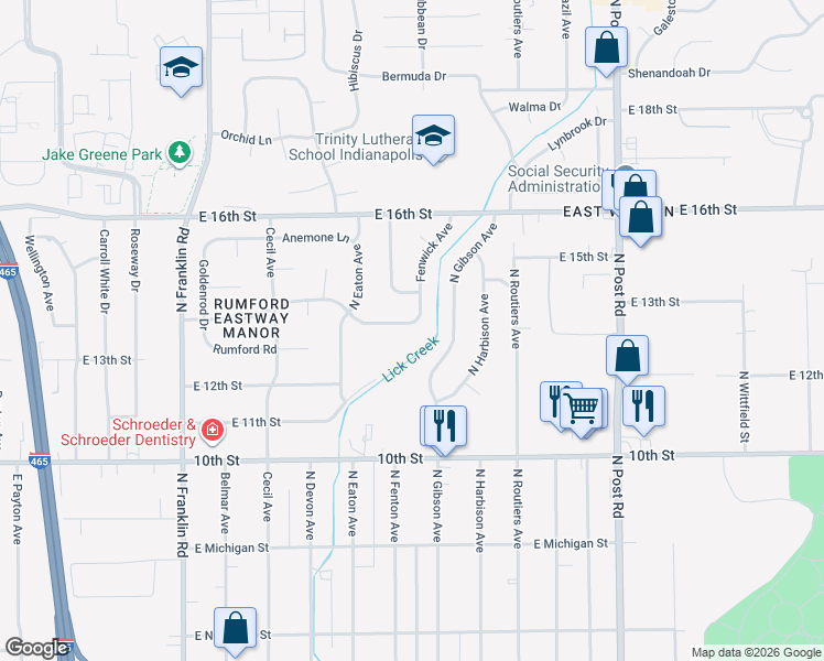 map of restaurants, bars, coffee shops, grocery stores, and more near 8511 East 13th Street in Indianapolis