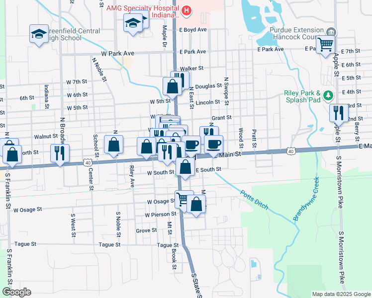 map of restaurants, bars, coffee shops, grocery stores, and more near 28 North East Street in Greenfield
