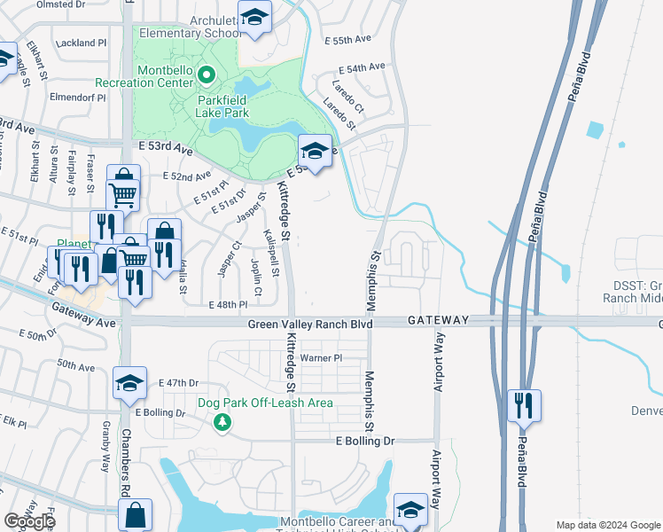 map of restaurants, bars, coffee shops, grocery stores, and more near 241 South Vaughn Way in Denver