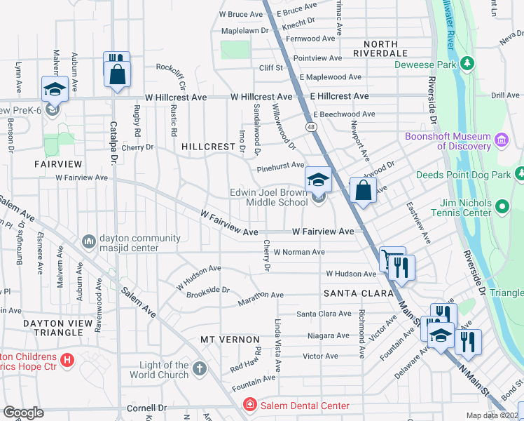 map of restaurants, bars, coffee shops, grocery stores, and more near 338 Cherry Drive in Dayton