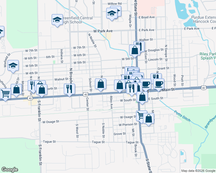 map of restaurants, bars, coffee shops, grocery stores, and more near 318 West North Street in Greenfield