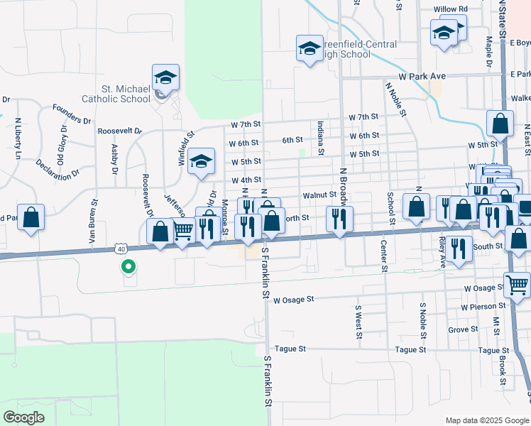 map of restaurants, bars, coffee shops, grocery stores, and more near 985 Walnut Street in Greenfield