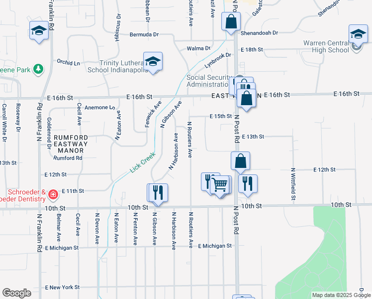map of restaurants, bars, coffee shops, grocery stores, and more near 1315 North Routiers Avenue in Indianapolis