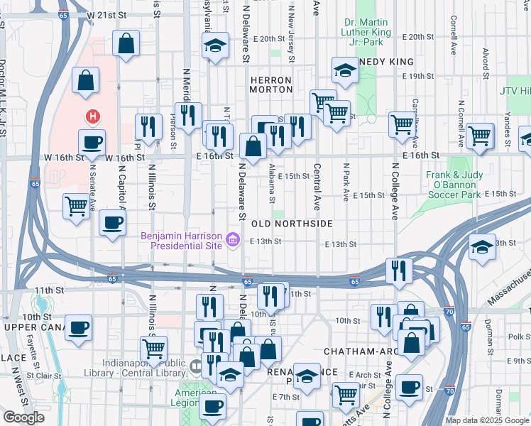 map of restaurants, bars, coffee shops, grocery stores, and more near 1416 Alabama Street in Indianapolis