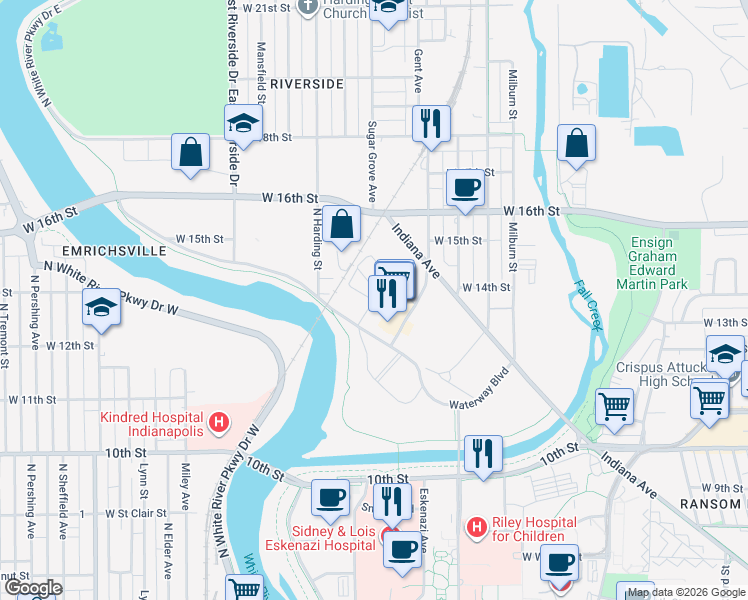 map of restaurants, bars, coffee shops, grocery stores, and more near 1318-1384 Waterway Blvd in Indianapolis