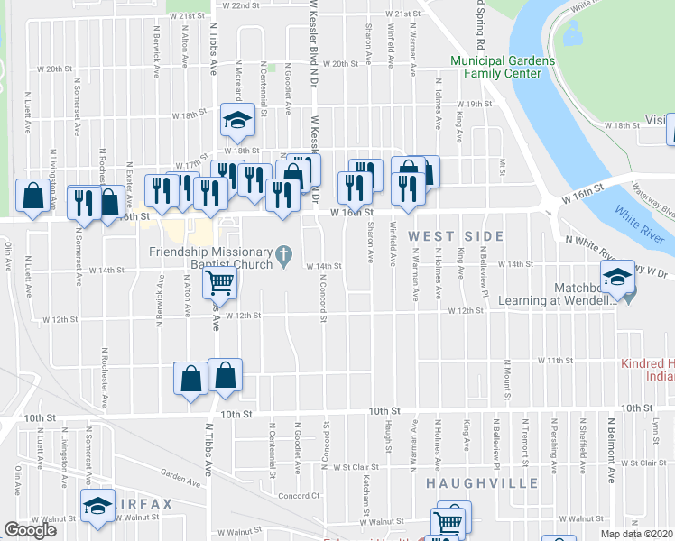 map of restaurants, bars, coffee shops, grocery stores, and more near 1401 Medford Avenue in Indianapolis