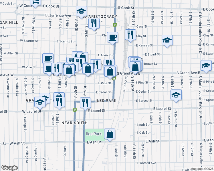 map of restaurants, bars, coffee shops, grocery stores, and more near 1501 South 9th Street in Springfield