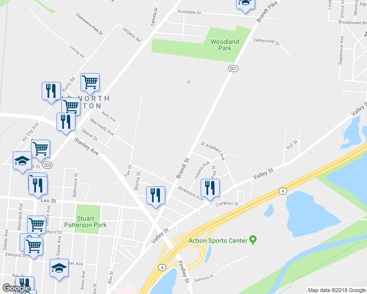 map of restaurants, bars, coffee shops, grocery stores, and more near 601 Brandt Street in Dayton
