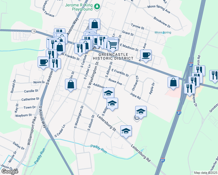 map of restaurants, bars, coffee shops, grocery stores, and more near 242 Addison Avenue in Greencastle
