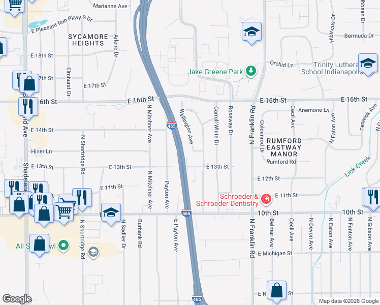map of restaurants, bars, coffee shops, grocery stores, and more near 1334 Wellington Avenue in Indianapolis