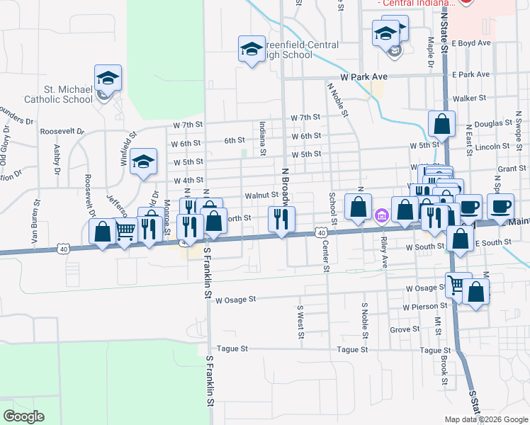 map of restaurants, bars, coffee shops, grocery stores, and more near 836 West North Street in Greenfield
