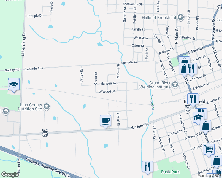map of restaurants, bars, coffee shops, grocery stores, and more near 800-898 West Wood Street in Brookfield