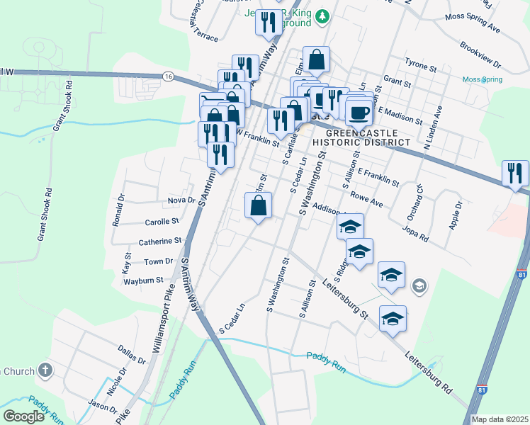 map of restaurants, bars, coffee shops, grocery stores, and more near 99 Railroad Street in Greencastle