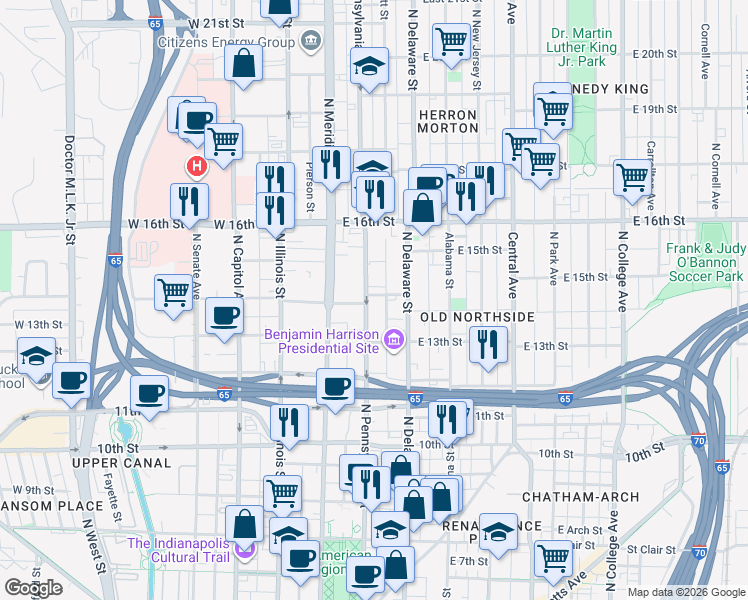map of restaurants, bars, coffee shops, grocery stores, and more near 1401 North Pennsylvania Street in Indianapolis