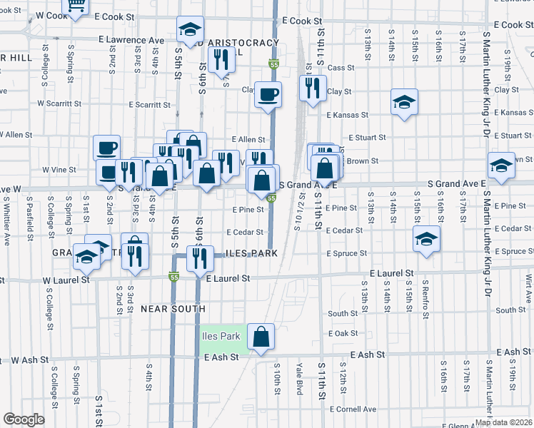 map of restaurants, bars, coffee shops, grocery stores, and more near 1501 South 9th Street in Springfield