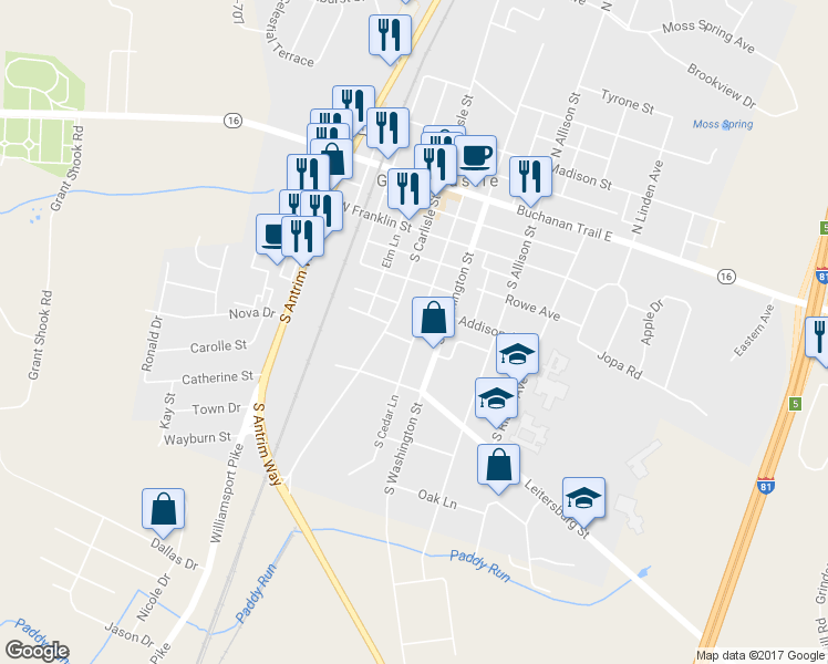 map of restaurants, bars, coffee shops, grocery stores, and more near 257 South Cedar Lane in Greencastle