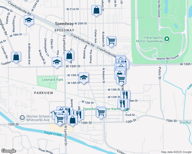 map of restaurants, bars, coffee shops, grocery stores, and more near 5035 W 15th St in Indianapolis