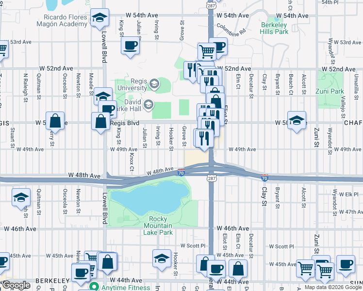 map of restaurants, bars, coffee shops, grocery stores, and more near 4920 Hooker Street in Denver
