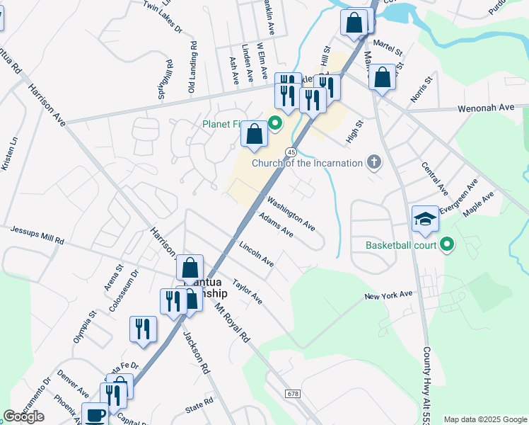 map of restaurants, bars, coffee shops, grocery stores, and more near 103 Adams Avenue in Mantua Township