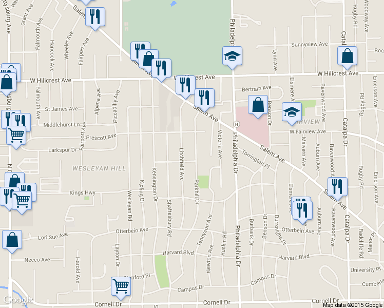 map of restaurants, bars, coffee shops, grocery stores, and more near 2015 Parkhill Dr in Dayton