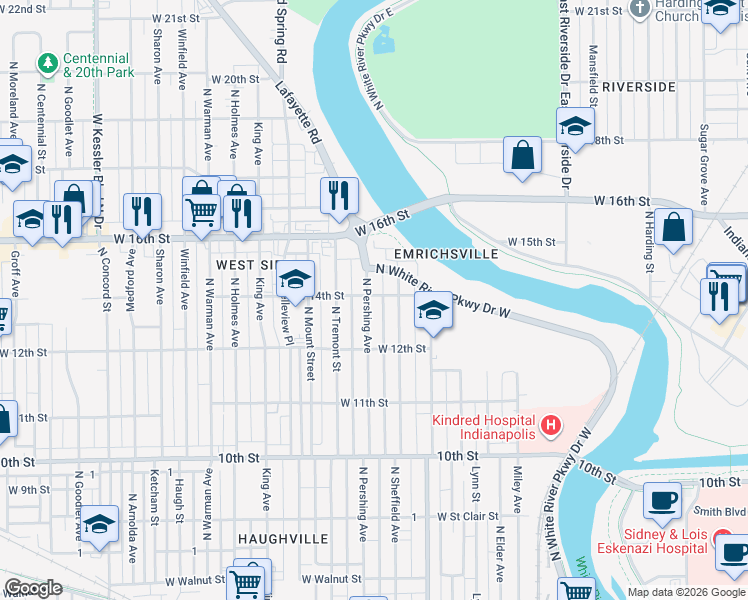 map of restaurants, bars, coffee shops, grocery stores, and more near 2227 West 14th Street in Indianapolis