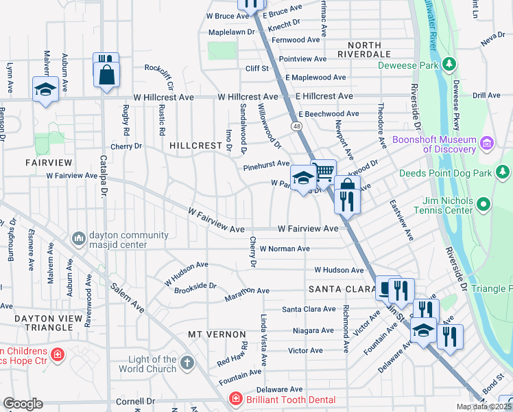 map of restaurants, bars, coffee shops, grocery stores, and more near 338 Cherry Drive in Dayton