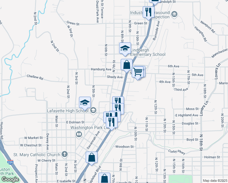 map of restaurants, bars, coffee shops, grocery stores, and more near 704 McDonald Street in Saint Joseph