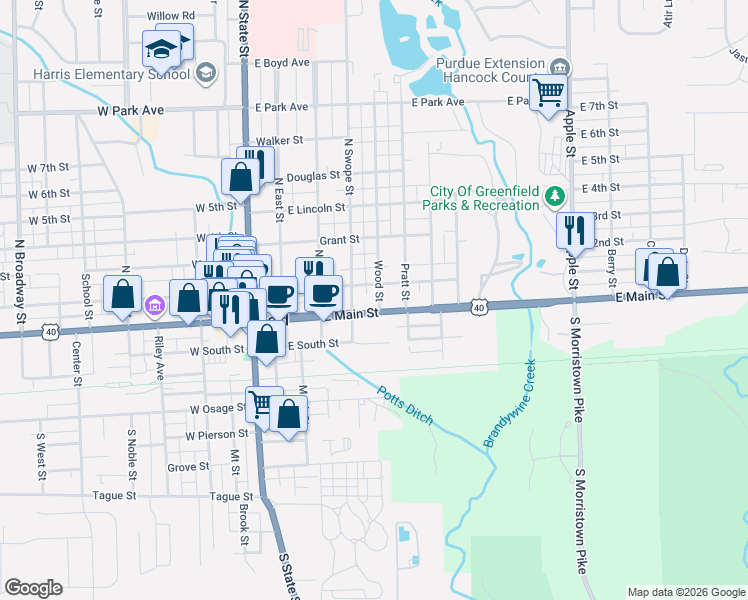 map of restaurants, bars, coffee shops, grocery stores, and more near 14 Wood Street in Greenfield