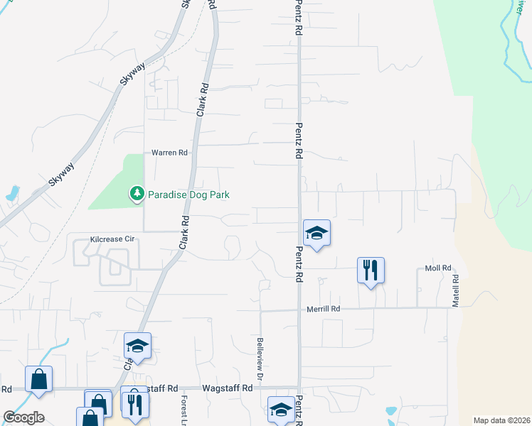 map of restaurants, bars, coffee shops, grocery stores, and more near 1620 Timber Lane in Paradise
