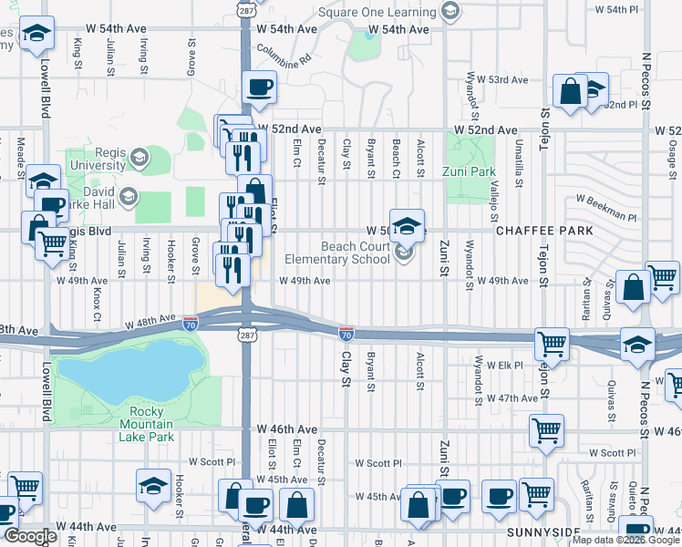 map of restaurants, bars, coffee shops, grocery stores, and more near 4915 Clay Street in Denver