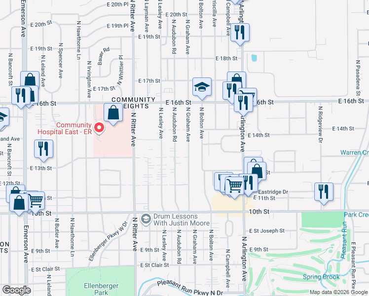 map of restaurants, bars, coffee shops, grocery stores, and more near 1319 North Audubon Road in Indianapolis