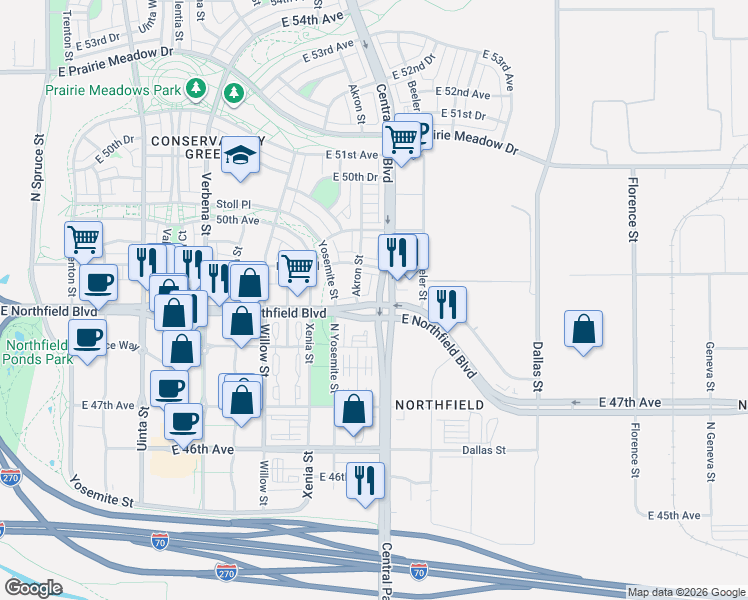 map of restaurants, bars, coffee shops, grocery stores, and more near in Denver