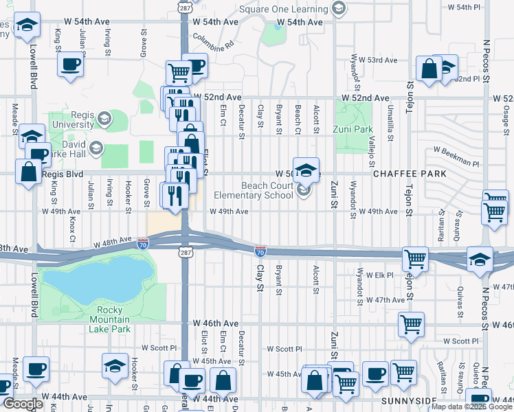 map of restaurants, bars, coffee shops, grocery stores, and more near 4915 Clay Street in Denver