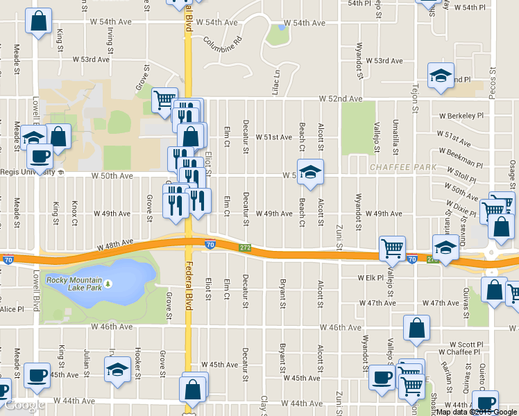 map of restaurants, bars, coffee shops, grocery stores, and more near 4915 Clay Street in Denver