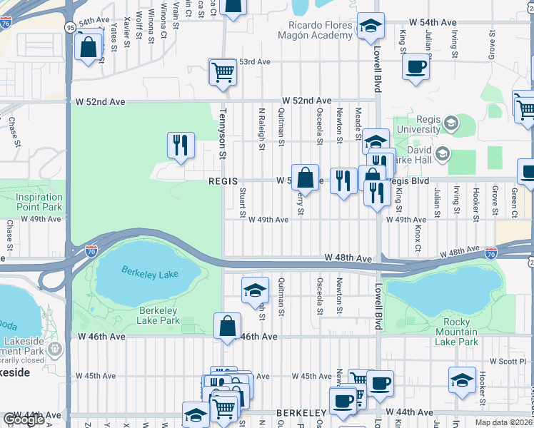 map of restaurants, bars, coffee shops, grocery stores, and more near 4923 Raleigh Street in Denver