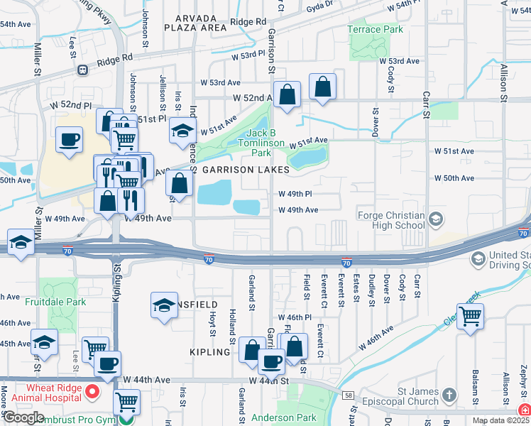 map of restaurants, bars, coffee shops, grocery stores, and more near 4901 Garrison Street in Wheat Ridge