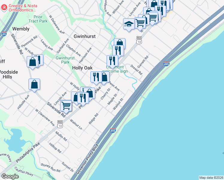 map of restaurants, bars, coffee shops, grocery stores, and more near 1701 Cherry Street in Wilmington