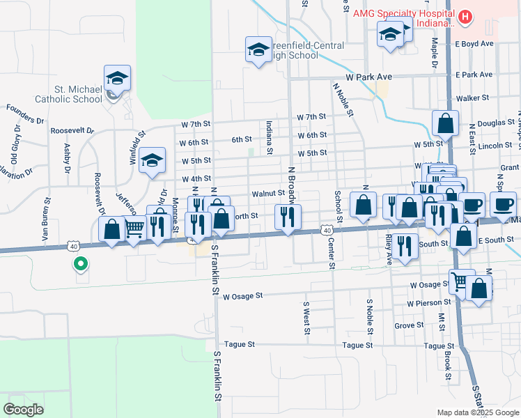 map of restaurants, bars, coffee shops, grocery stores, and more near 836 West North Street in Greenfield