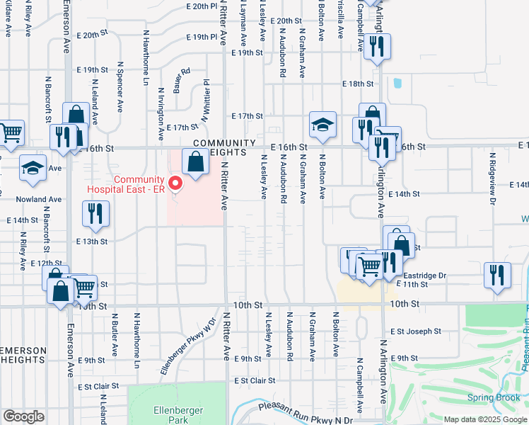 map of restaurants, bars, coffee shops, grocery stores, and more near 1313 North Lesley Avenue in Indianapolis